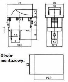Przełącznik kołyskowy chwilowy, wymiary