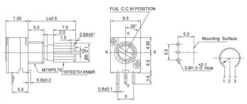 5K-B 20% 125mW potencjometr obrotowy liniowy wymiary