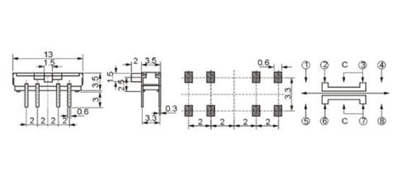 SS23D19 przełącznik suwakowy wymiary