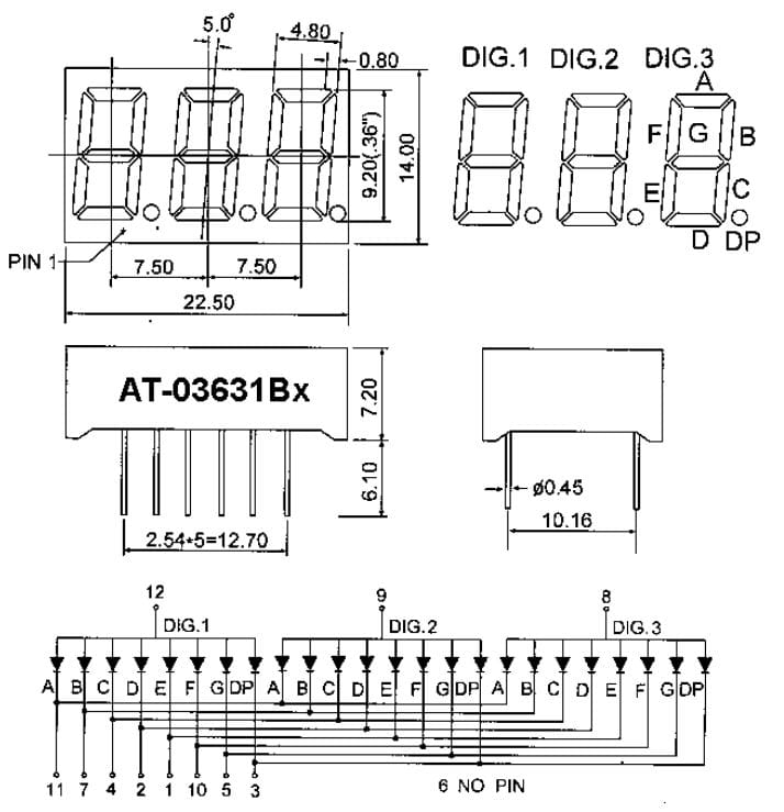AT-03631BS-B wyświetlacz LED czerwony wymiary