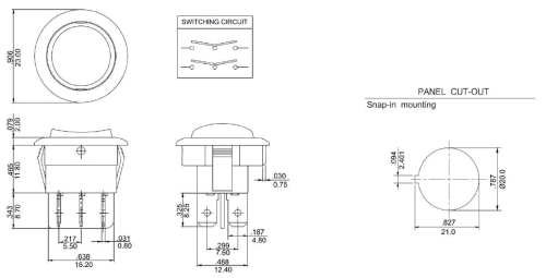 MR3220R5BBNWC przełącznik kołyskowy okrągły, wymiary
