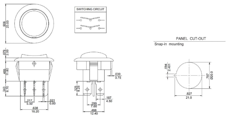 MR3220R5BBNWC przełącznik kołyskowy okrągły, wymiary