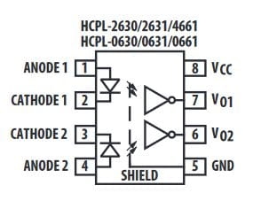 HCPL-2630-000E transoptor; 4 kanały; wyjście otwarty kolektor