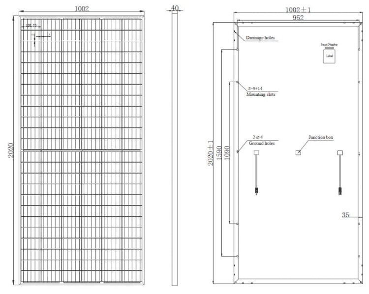 MWG-400G panel fotowoltaiczny monokrystaliczny 41,33V; 9,68A; 400W - wymiary