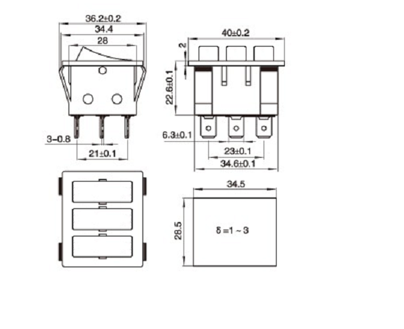 KCD3-303L przełącznik kołyskowy stabilny, potrójny z podświetleniem, wymiary