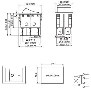 Przełącznik kołyskowy stabilny podświetlany, wymiary