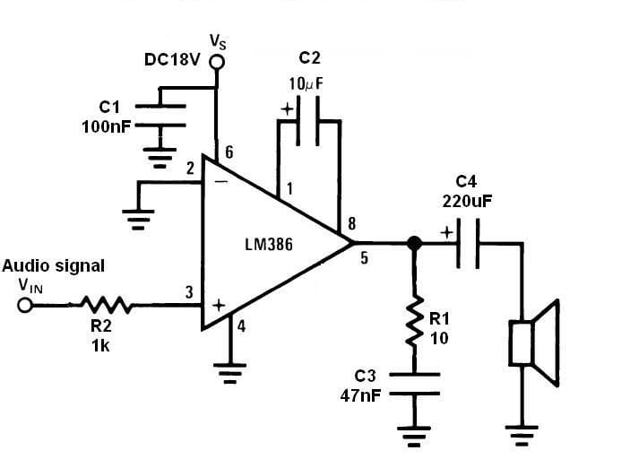 LM386 wzmacniacz audio 700mW schemat