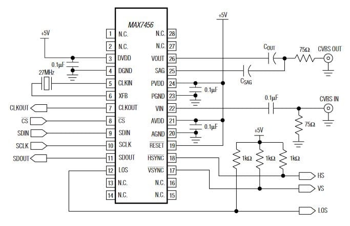 MAX7456EUI+ sterownik wyświetlacza schemat