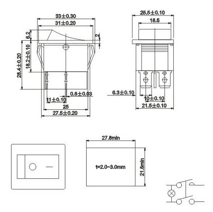 RS201-6C3R przełącznik kołyskowy podświetlany, wymiary
