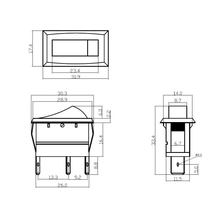 VS5503 przełącznik kołyskowy stabilny, wymiary