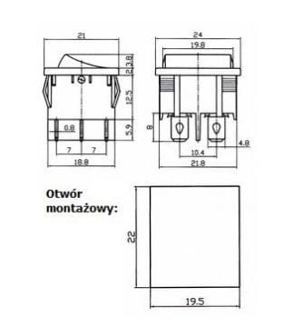 Przełącznik kołyskowy czarny stabilny, wymiary