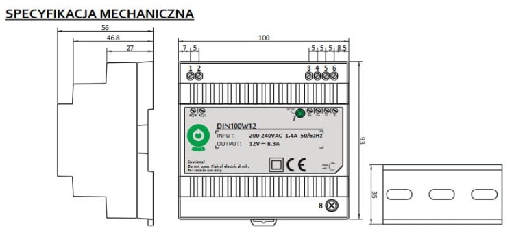 DIN100W12 zasilacz impulsowy 12V