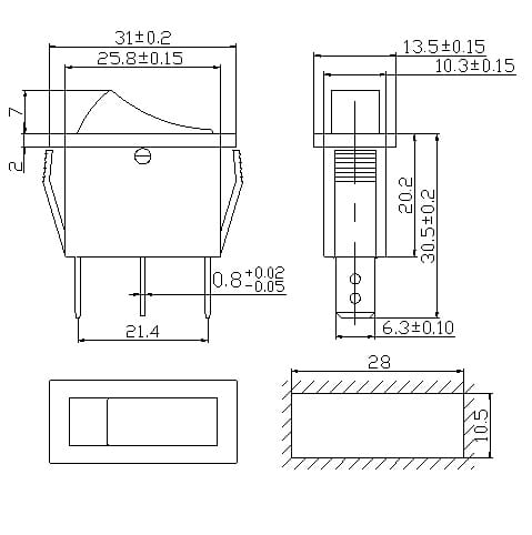RS103-16C3B przełącznik kołyskowy stabilny, wymiary