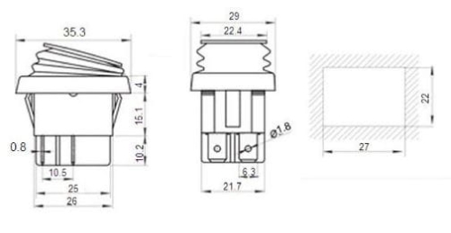 KCD4-W przełącznik kołyskowy hermetyczny podświetlany biały, wymiary