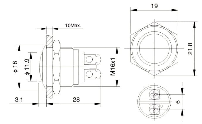PBW-16AS przełącznik wandaloodporny stabilny, wymiar