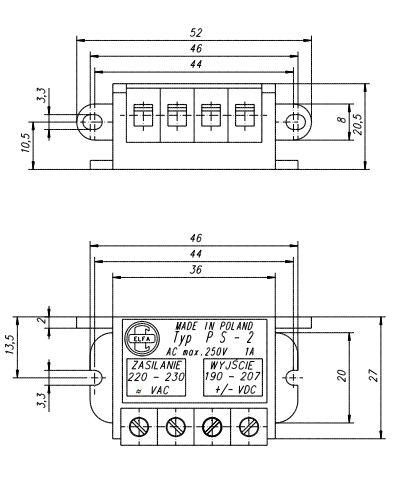 PS-2 układ prostujący 2-połówkowy wymiary