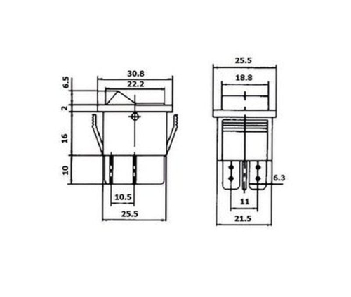 Przełącznik kołyskowy podświetlany zielony ON-OFF, wymiary