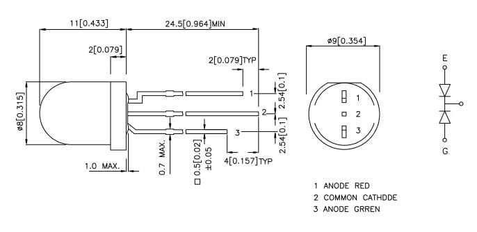 L-799EGW dioda LED 8mm, dwukolorowa wymiary