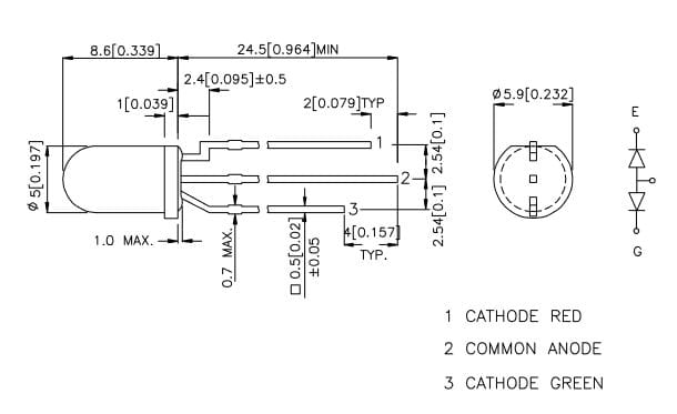 L-59EGW-CA dioda LED 5mm, dwukolorowa wymiary