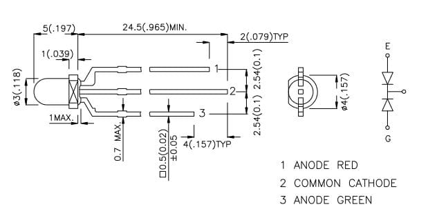 L-115WEGW dioda LED 3mm, dwukolorowa wymiary