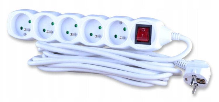 Przedłużacz elektryczny z uziemieniem, wyłącznik 5 gniazd