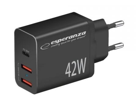 EZC106K szybka ładowarka sieciowa USB C PD 30W / 2x USB A 12W, moc 42W