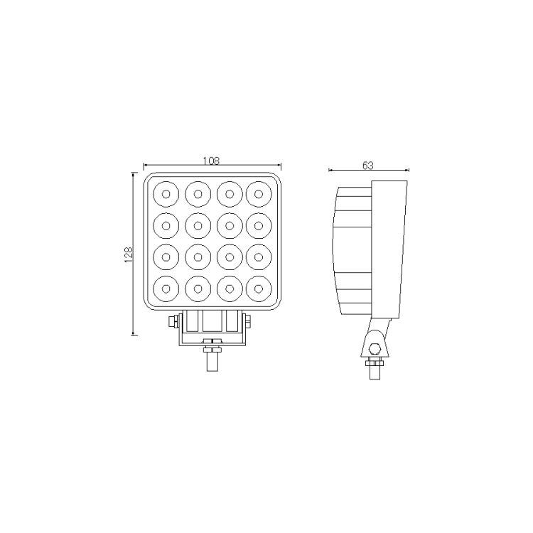 Lampa robocza 16x LED kwadratowa, mocowana na śrubę wymiary