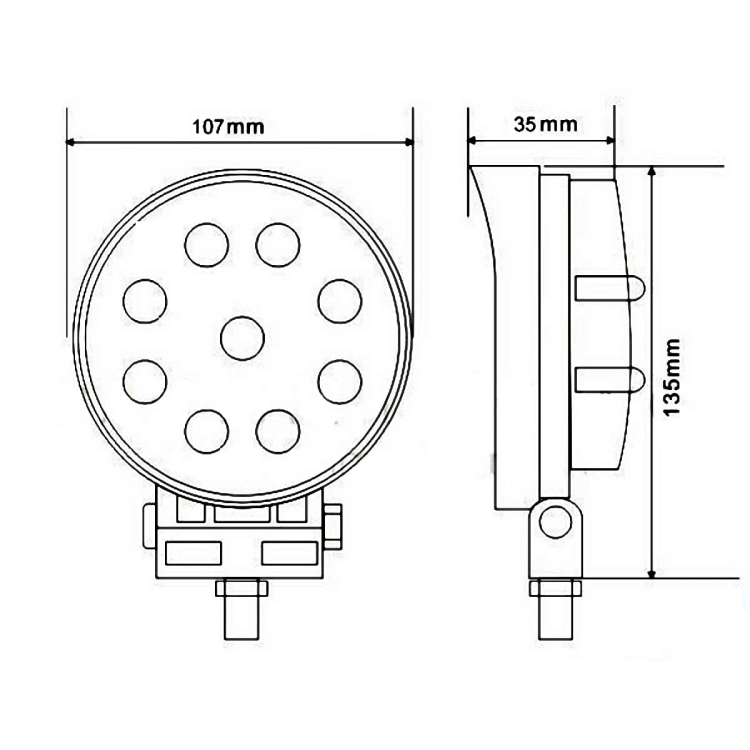 Lampa robocza 9x LED okrągła, mocowanie na śrubę wymiary
