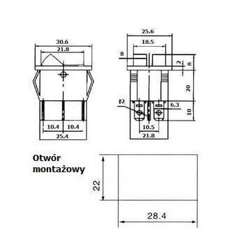 Przełącznik kołyskowy stabilny niebieski, wymiary