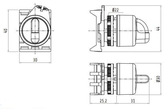 PSMB2D2 przełącznik obrotowy podświetlany, wymiary