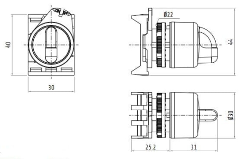 PSMB8T1 panelowy przełącznik obrotowy, wymiary