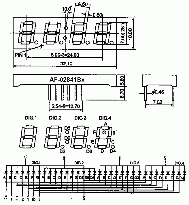 AF-02841BB-B wyświetlacz LED niebieski wymiary