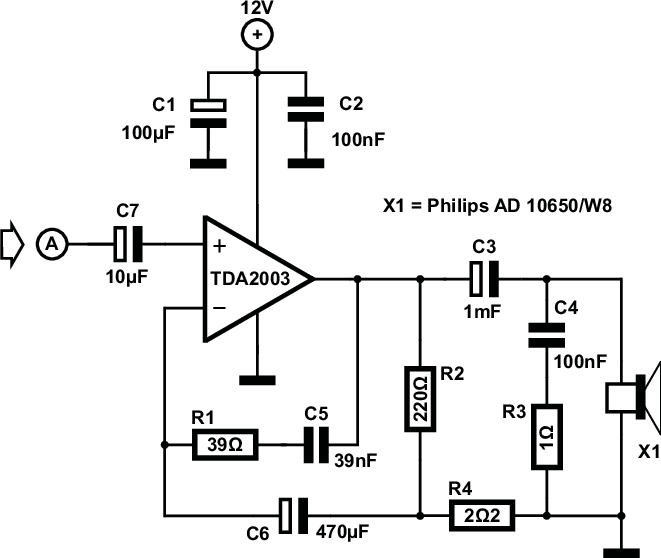 TDA2003 monofoniczny wzmacniacz mocy schemat