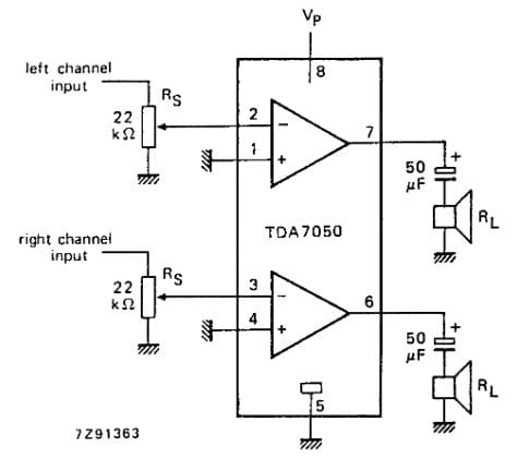 TDA7050 stereofoniczny wzmacniacz audio schemat stereo