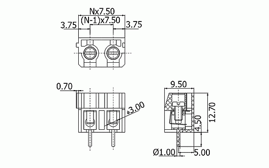 ARK 360-2 listwa zaciskowa 2 pin; raster 7,50mm
