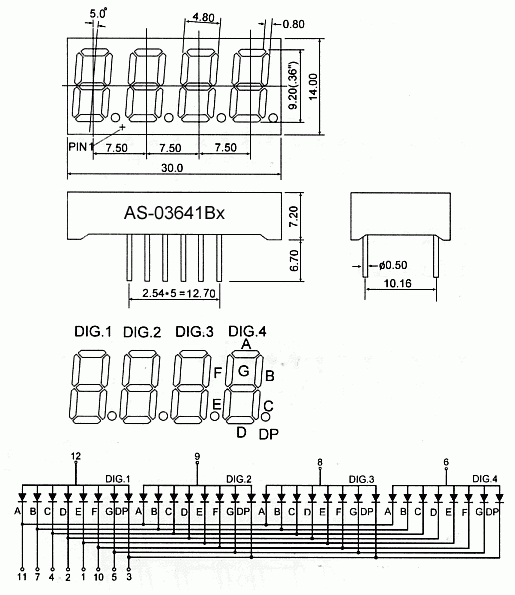 AF-03641BK-B wyświetlacz LED pomarańczowy wymiary
