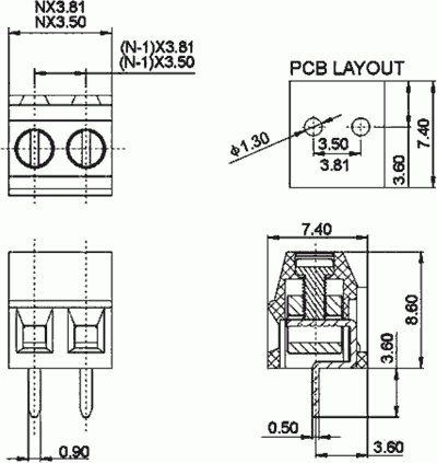 ARK 381-2 listwa zaciskowa 2 pin; raster 3,81mm