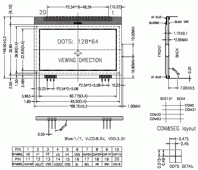 AG-C128064CF-FHW W/KK E6 wyświetlacz graficzny wymiar