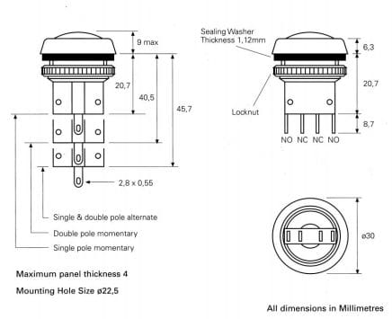 ITW przełącznik monostabilny czerwony wymiary