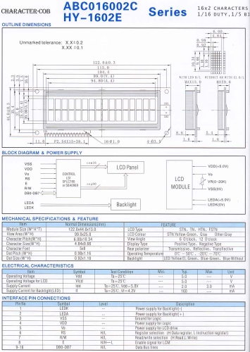 LCD-AC-1602C-YIY Y/G-E6 C PBF wyświetlacz LCD 2x16, wymiary